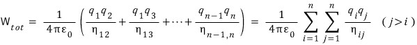 The original pair-energy expression adds every distinct charge pair once, using the restriction that j is greater than i.