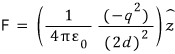 Force on the real charge, directed toward the plane: minus q squared divided by sixteen pi epsilon zero d squared along the z direction.