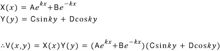 Exponential X factor, sine and cosine Y factor, and their product for the two-dimensional potential