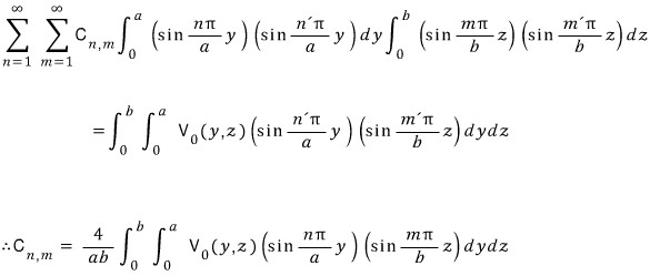 Double sine orthogonality calculation and coefficient normalized by four over a b, integrating over y first and z second