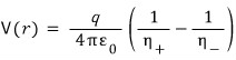 Exact two-charge potential: q/(4 pi epsilon-zero) times the difference of the two inverse source distances.