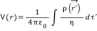 Coulomb-potential integral of charge density rho(r-prime) divided by the source-to-observation distance, integrated over source volume.