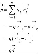 Dipole-moment derivation: p equals -q r-prime-1 plus q r-prime-2, which equals q d.