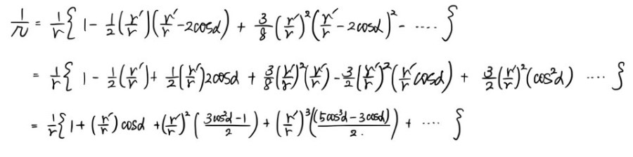 Original handwritten collection of powers of r-prime/r, ending with the first four Legendre coefficients; intermediate steps omit a required cubic-binomial contribution.