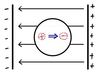Polarized atom with positive center displaced left and negative center displaced right; the blue arrow points right and is unlabeled.