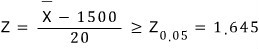 Z = (X̄ − 1500)/20 ≥ Z₀.₀₅ = 1.645
